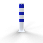 Impact protection bollards | as e-charging post protection |  152 mm | hot-dip galvanized and white powder-coated with 3 blue reflective strips foil type RA1/A | To be fixed by plugs